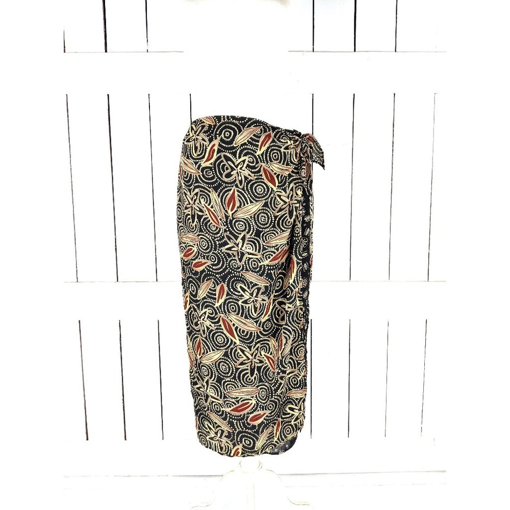 Vintage Patricia Jones brown black tribal sheer long faux wrap skirt cover up